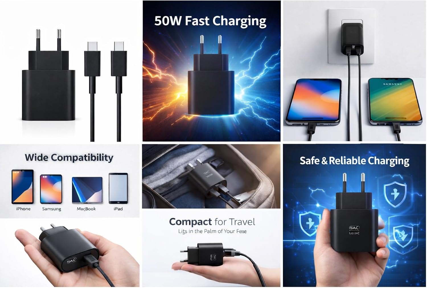 Generic 50W Dual USB-C Fast Wall Charger with Cable – iPhone, Samsung & All Type-C | South Africa